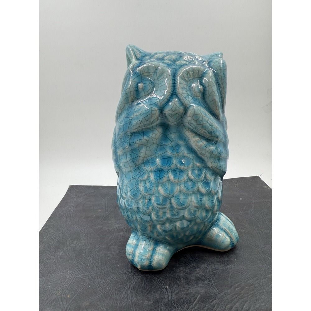 Blue Crackle Glazed Ceramic Peeking Owl Art Pottery Figure Figurine Sculpture